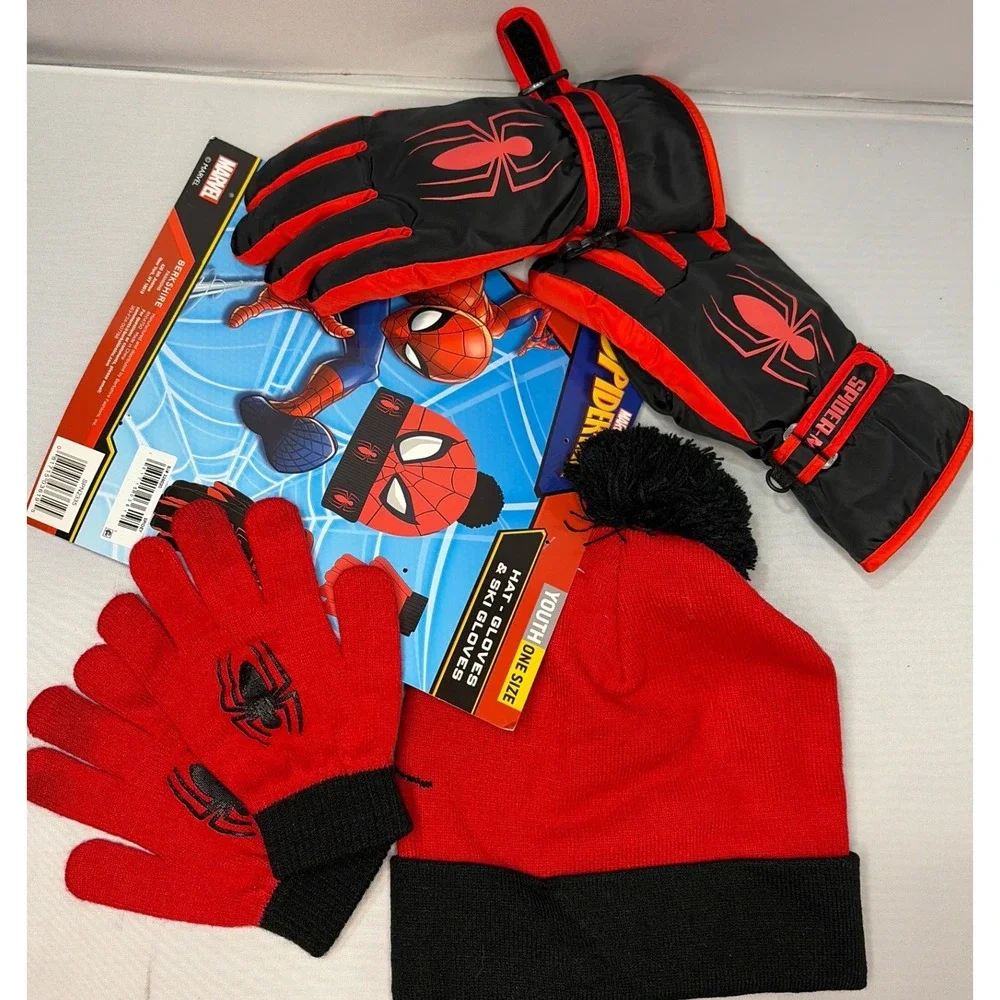 Marvel Spider-Man Youth Beanie Hat Knit Gloves and Ski Gloves Set Red Black OS